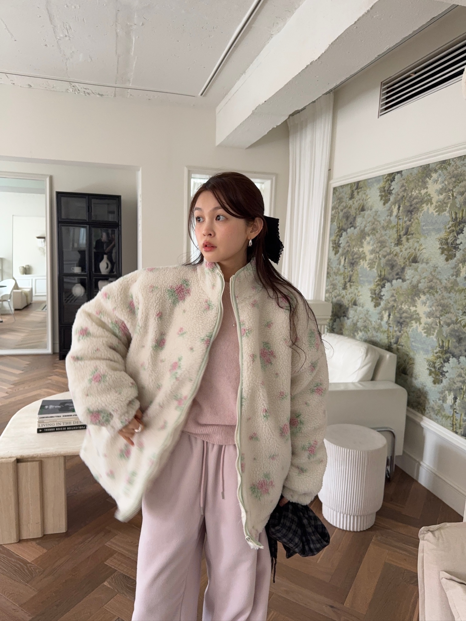 J01/ 粉紅小花羔毛牛鋪棉外套