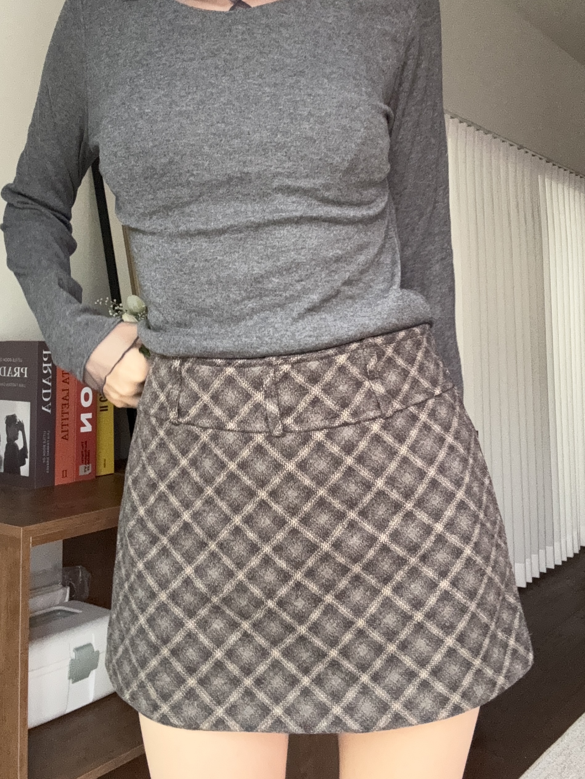 (訂購)絨面格仔裙褲 SK0122(啡/灰)