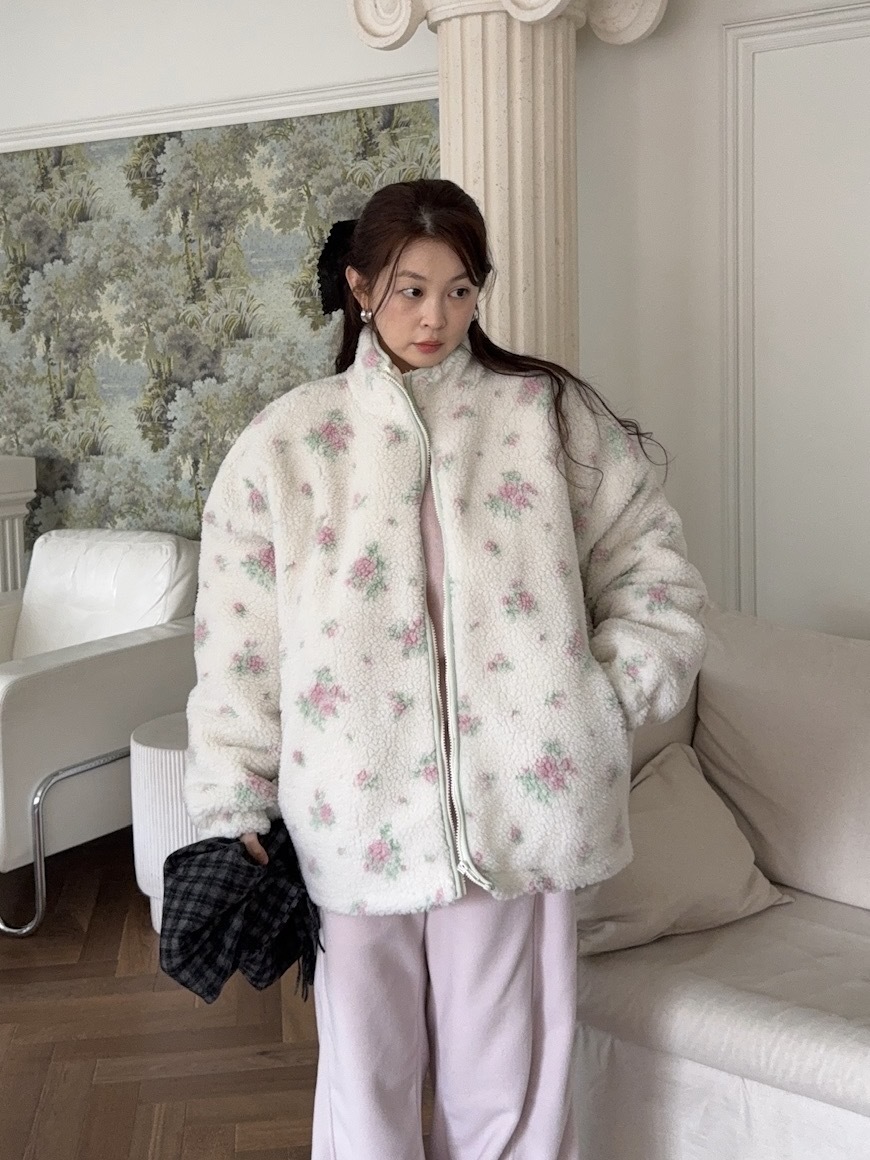J01/ 粉紅小花羔毛牛鋪棉外套