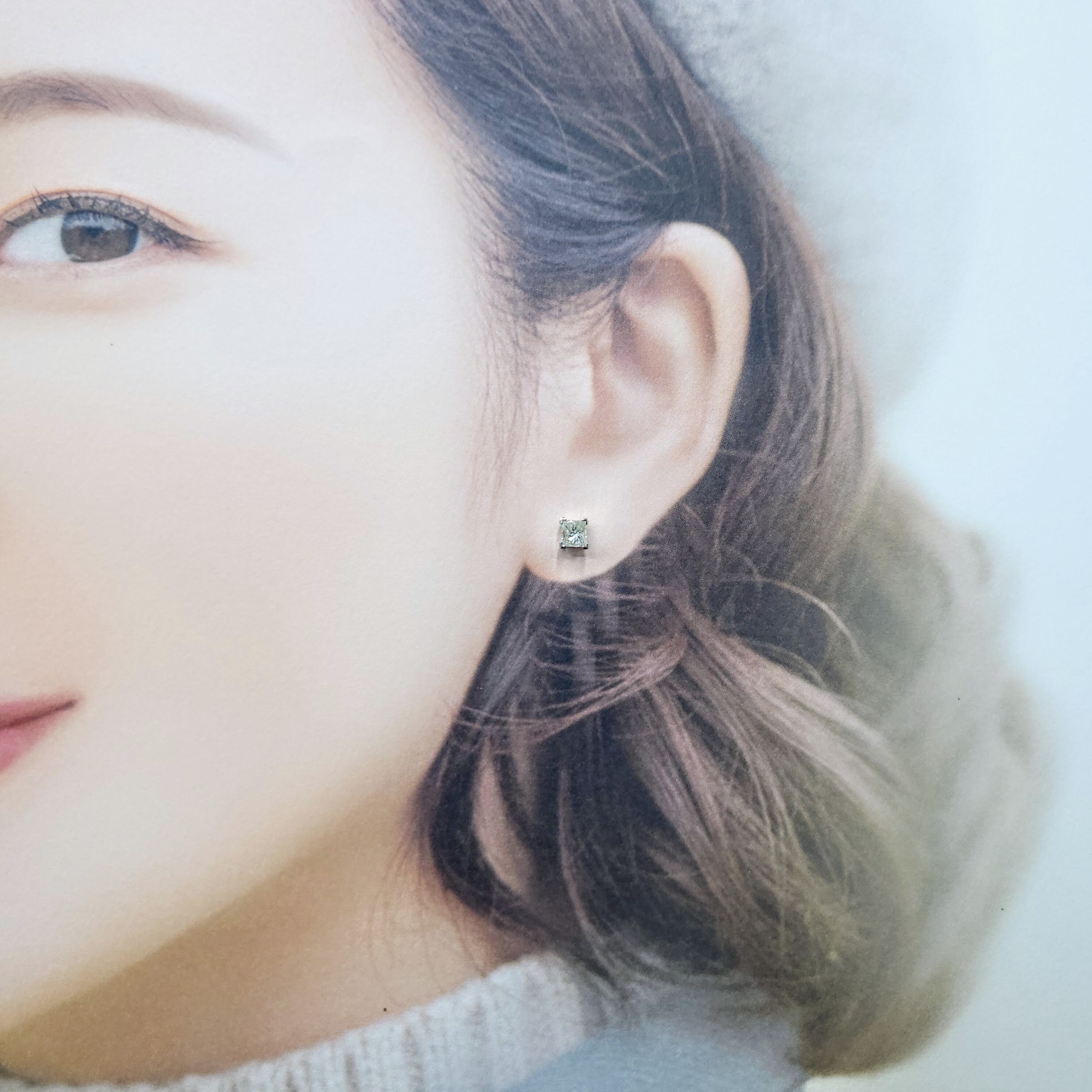 全新18K白金【主石38份方形鑽石】單耳環