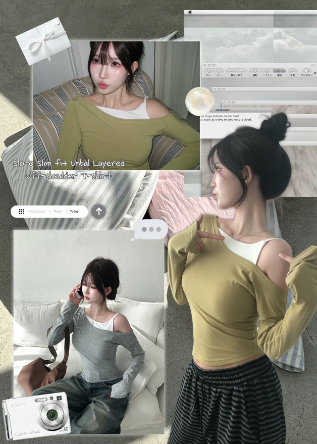 秋冬預訂｜修身不對稱撞色拼接露肩長袖上衣