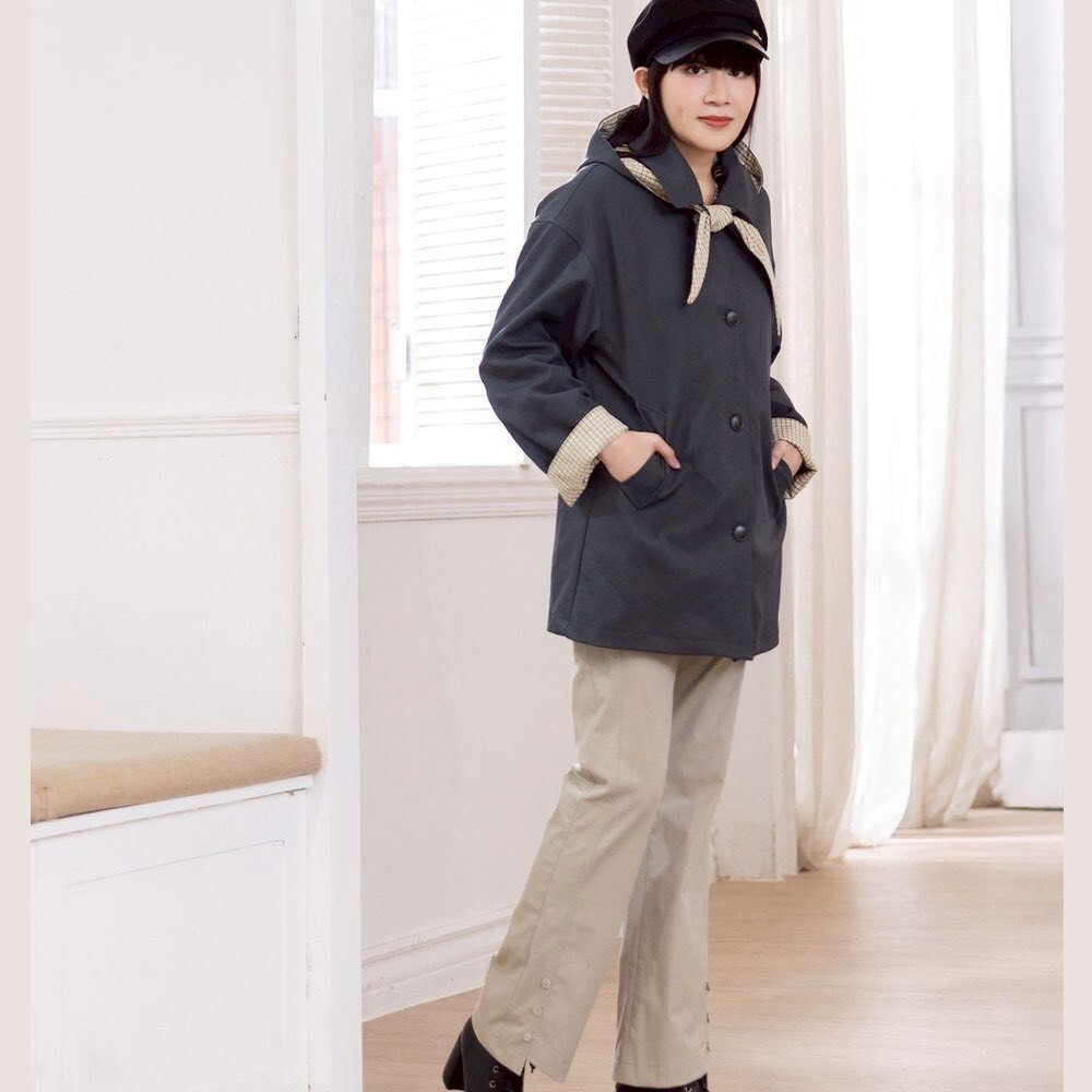 OL時尚簡約修腿剪裁褲口釦子造型修身喇叭長褲X6091