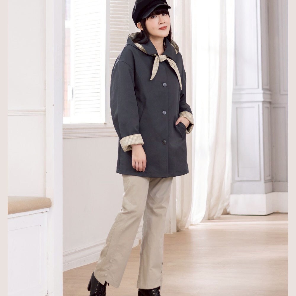 OL時尚簡約修腿剪裁褲口釦子造型修身喇叭長褲X6091