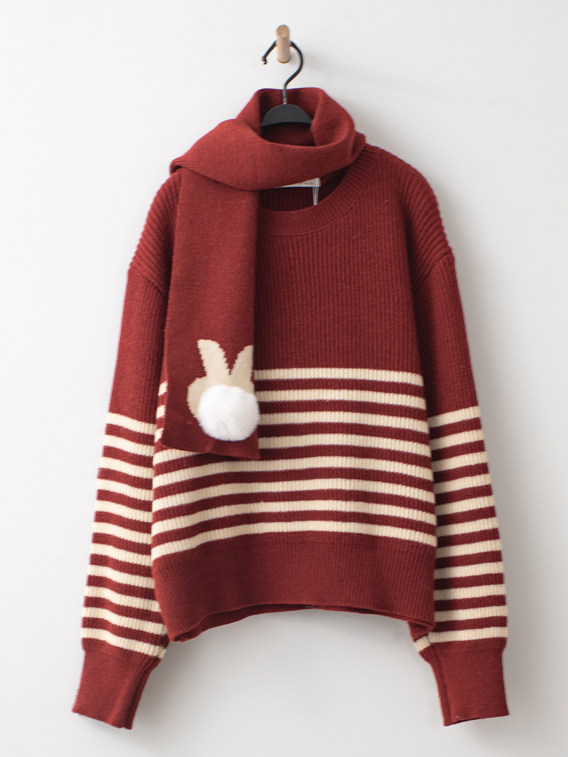 條紋兔子毛球圍巾針織毛衣