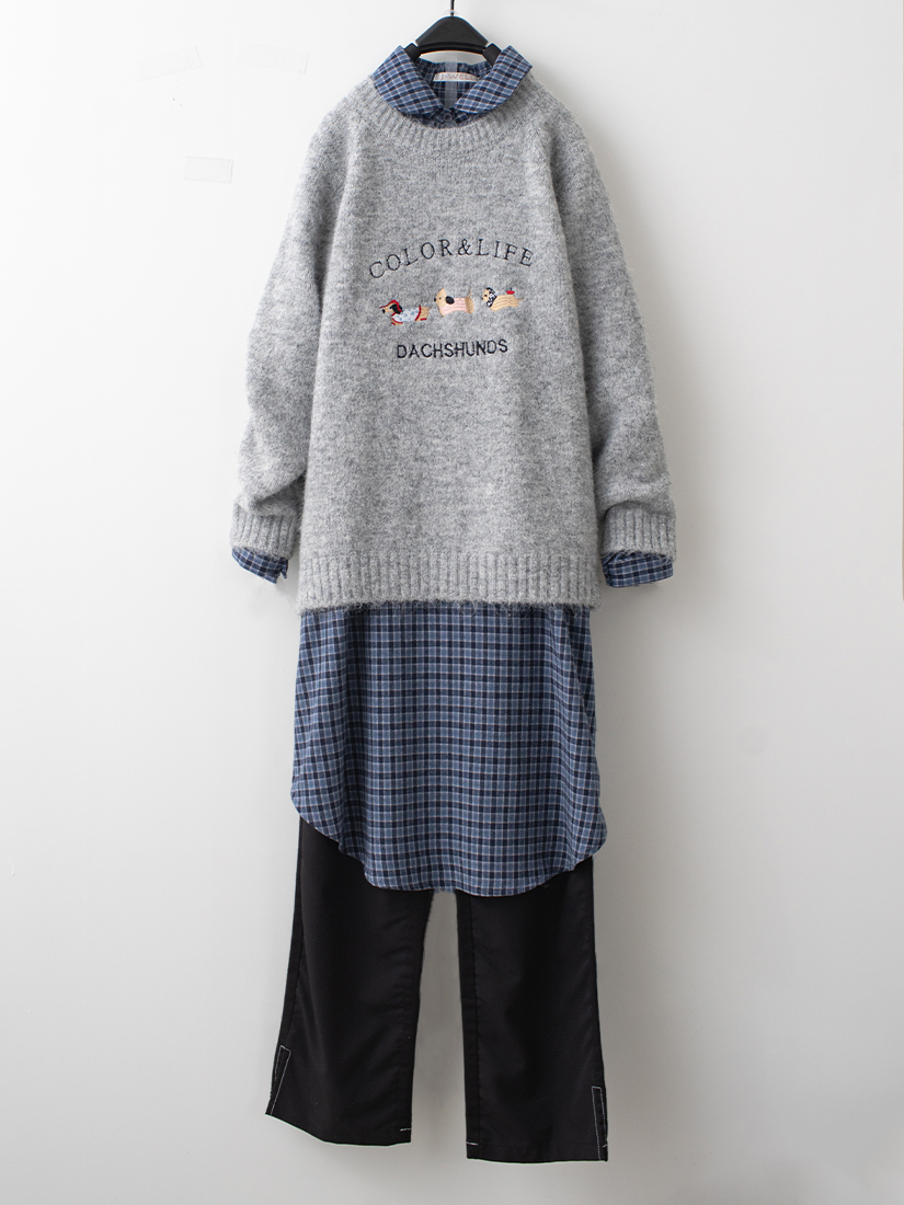 繡花針織毛衣輕磨毛洋裝拚色長褲組合