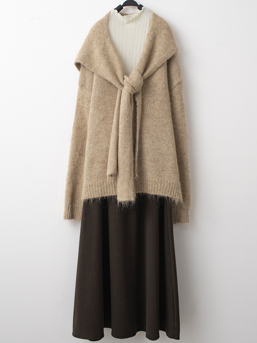 簍空木耳邊內搭V領針織上衣針織棉A字長裙