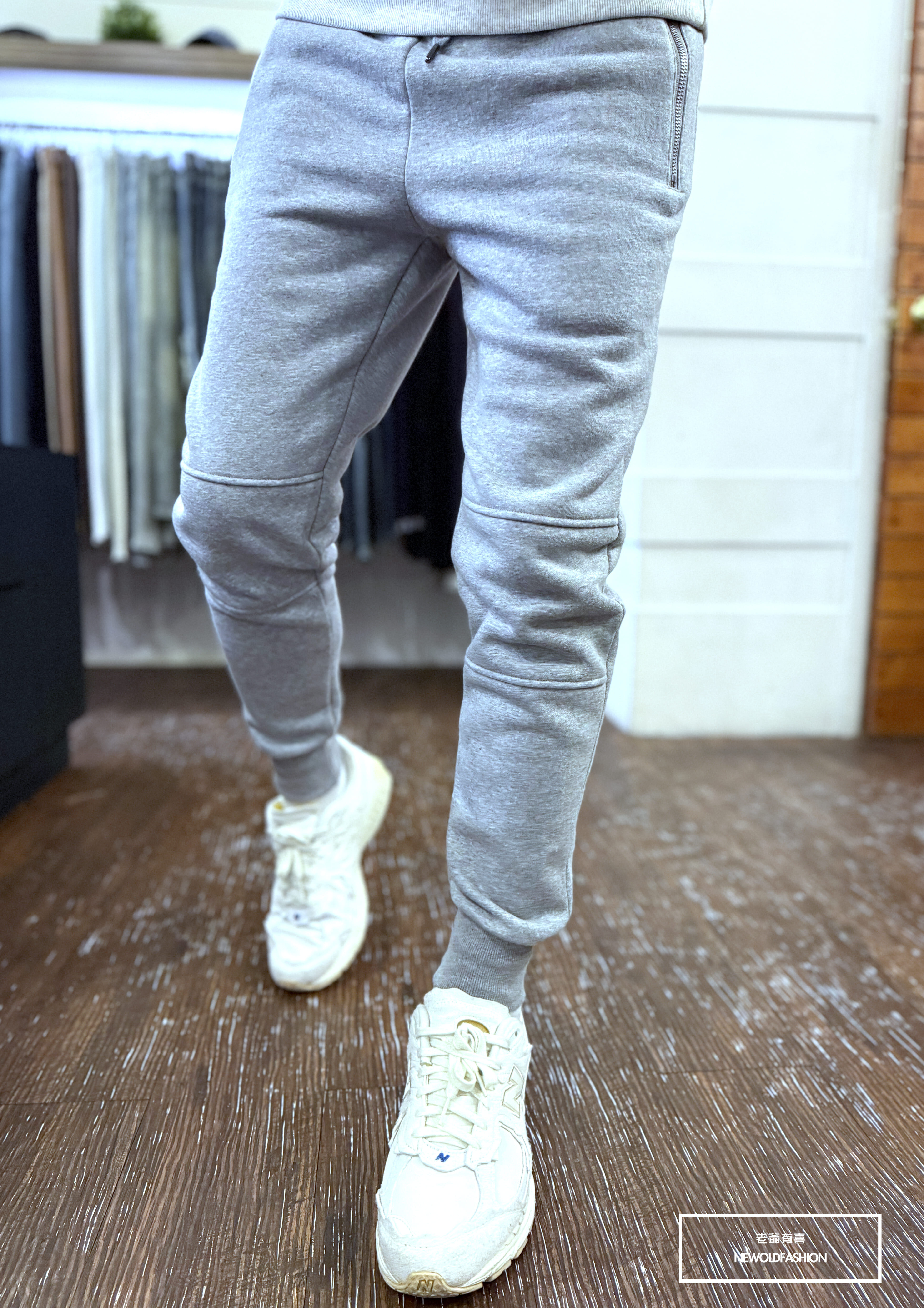 『新品上市』 重磅3D立體剪裁雙側拉鍊厚刷毛棉褲-淺灰
