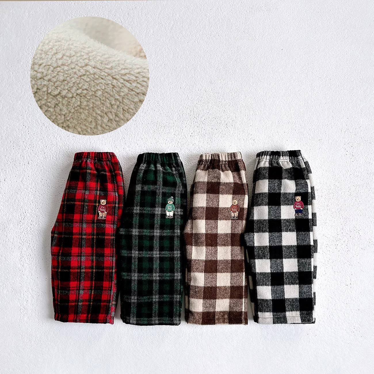 【H0029】韓系加厚刺繡小熊格紋褲(80-120)
