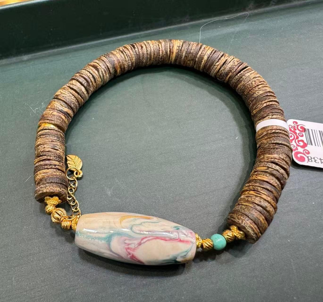 TH072 大漆藥片綠棋手鏈（九分沈）