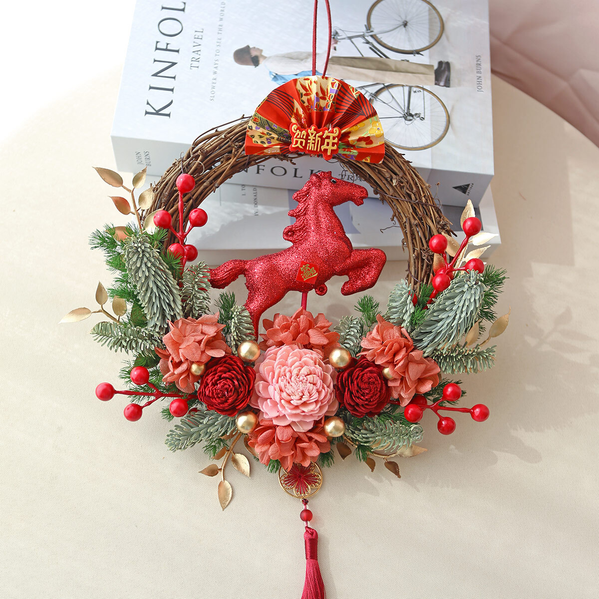 WR16｜馬踏福來新年花圈｜乾燥花/索拉花/永生葉材｜馬年掛飾/新年掛飾