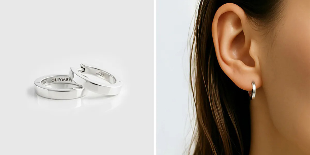 OLIVMEW A1 純銀圈圈耳環 耳朵近拍配戴示意