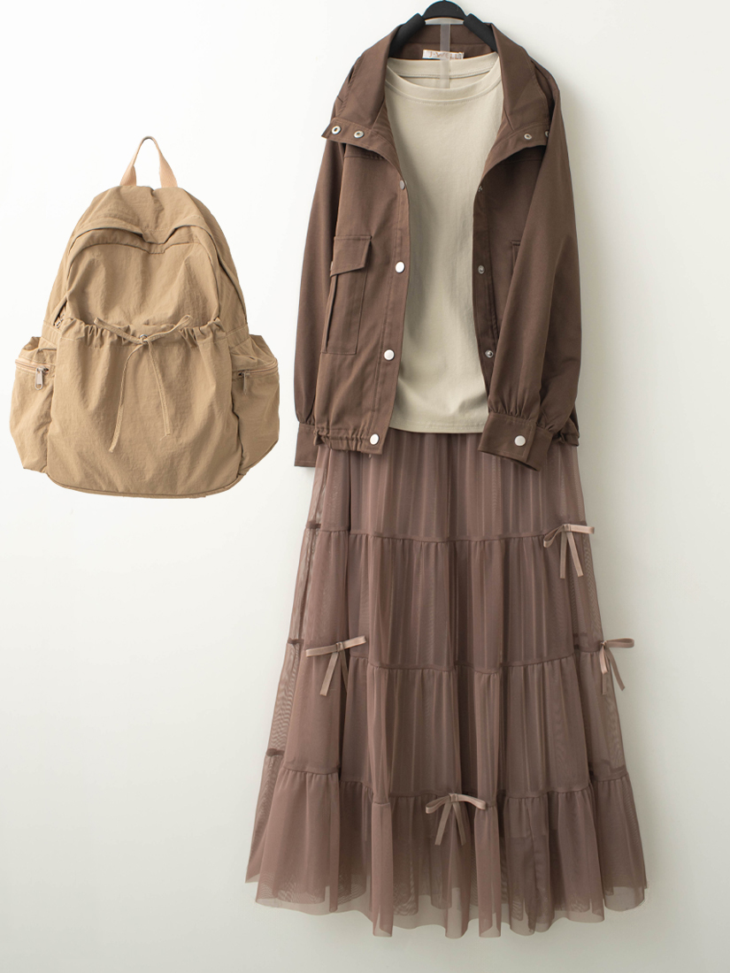 口袋夾克外套側抓皺上衣蝴蝶結蛋糕裙組合