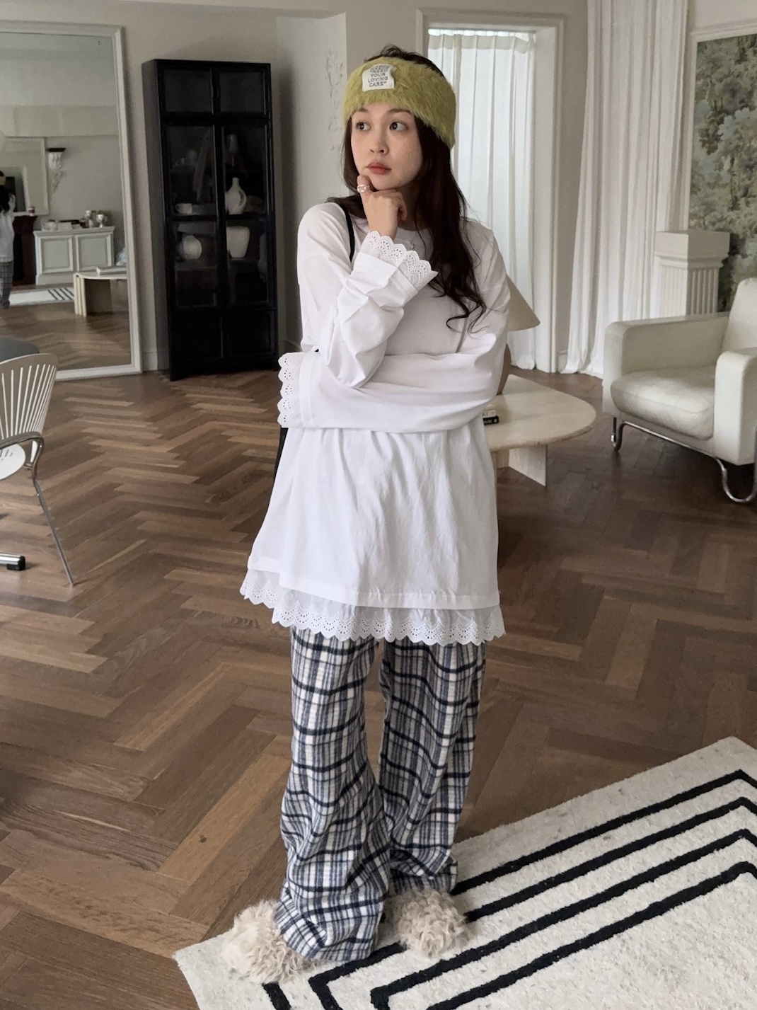 J09/ 格子外磨毛鬆緊縮口長褲