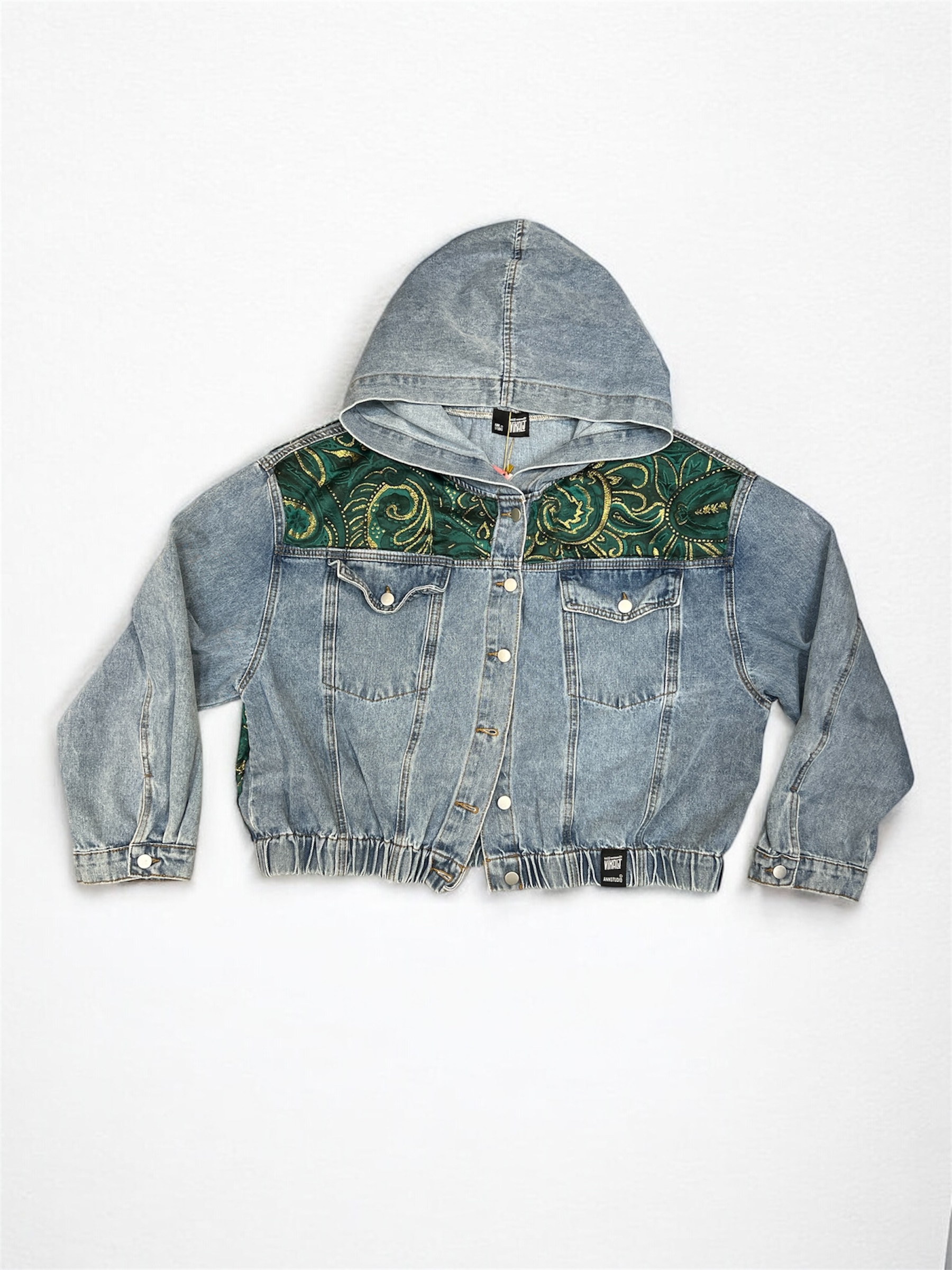 Annstudio / 連帽圖片拼接丹寧外套 / 大帽款