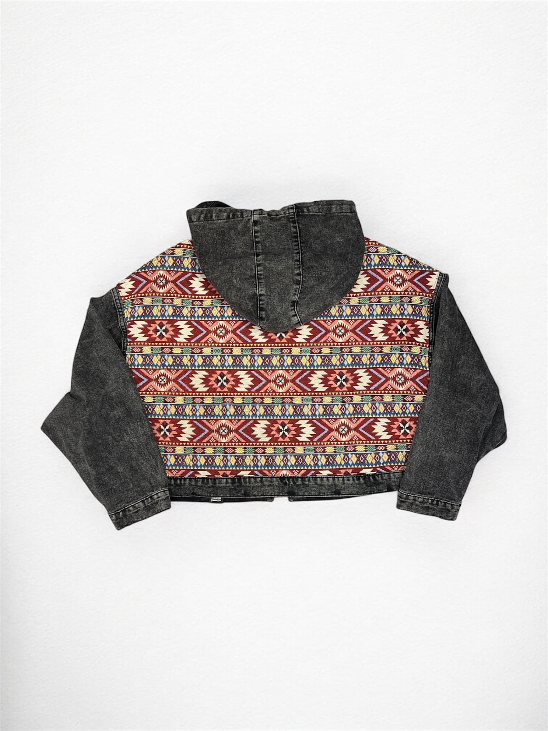 Annstudio / 連帽圖片拼接丹寧外套 / 水洗黑 / 大帽款