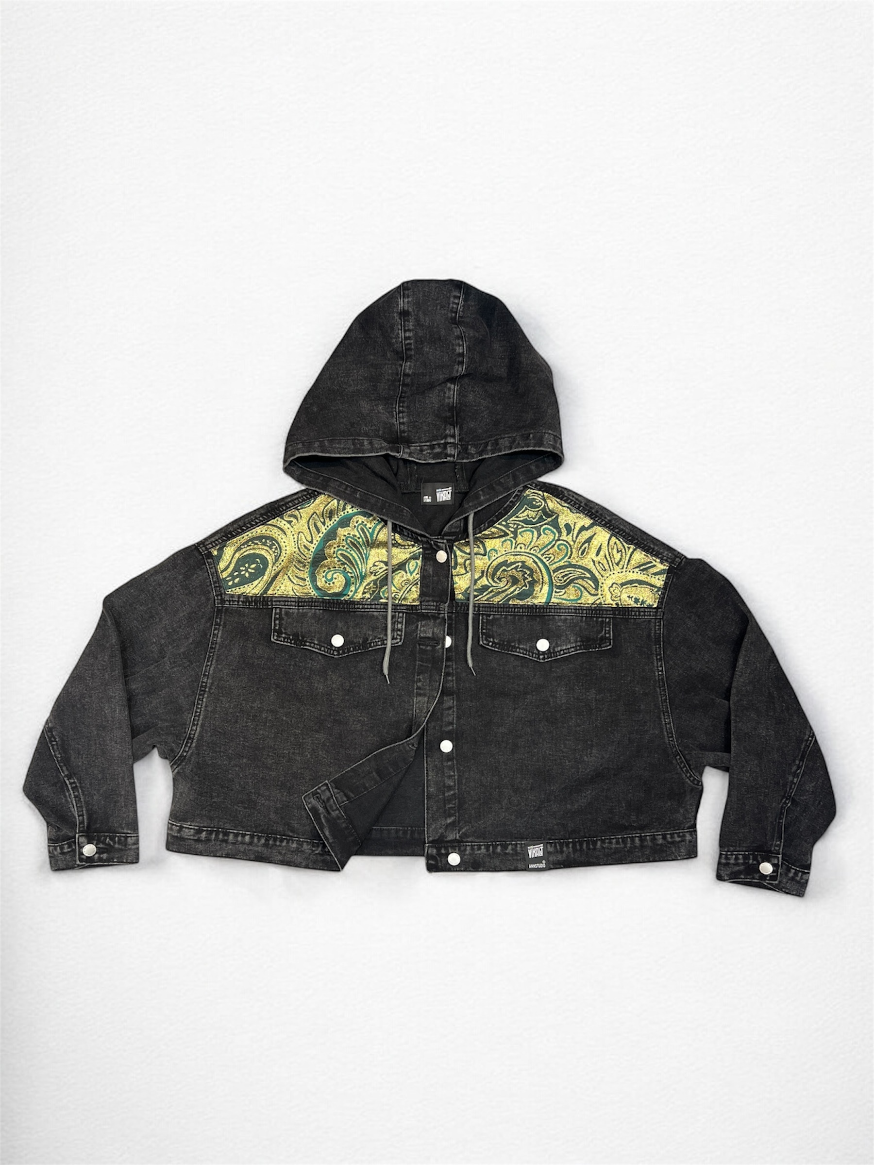 Annstudio / 連帽圖片拼接丹寧外套 / 水洗黑 / 大帽款