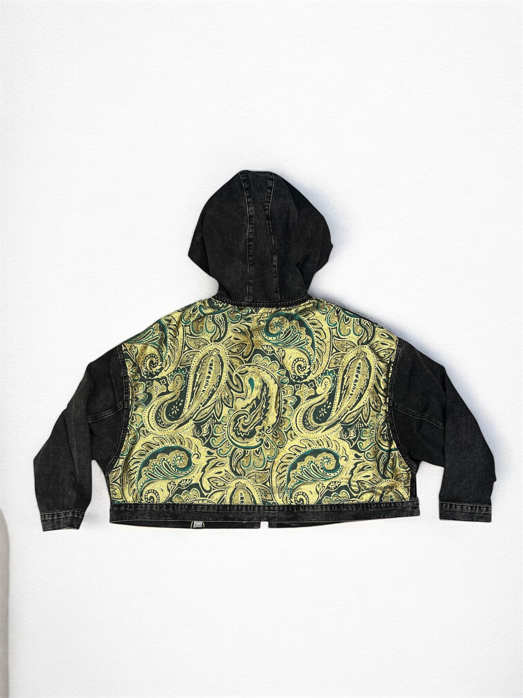 Annstudio / 連帽圖片拼接丹寧外套 / 水洗黑 / 大帽款