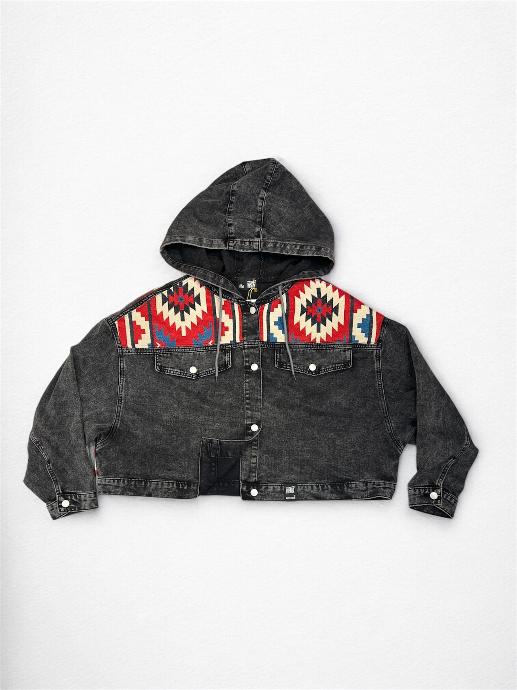 Annstudio / 連帽圖片拼接丹寧外套 / 水洗黑 / 大帽款