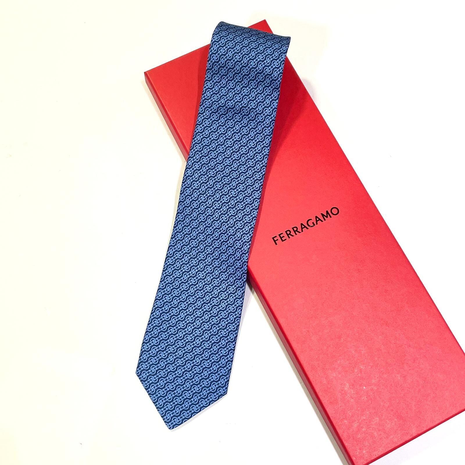 全新FERRAGAMO TIE  藍色真絲印花 菲拉格慕領呔 #BRAND NEW #香榭站正品