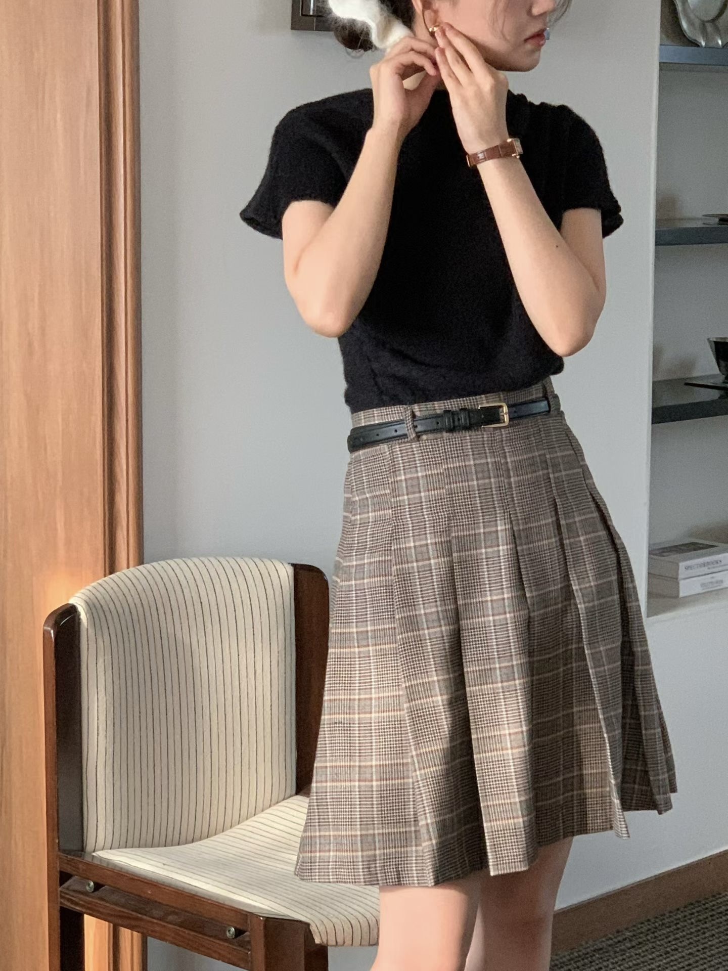 #228N681 糖炒栗子，中長百褶格子裙