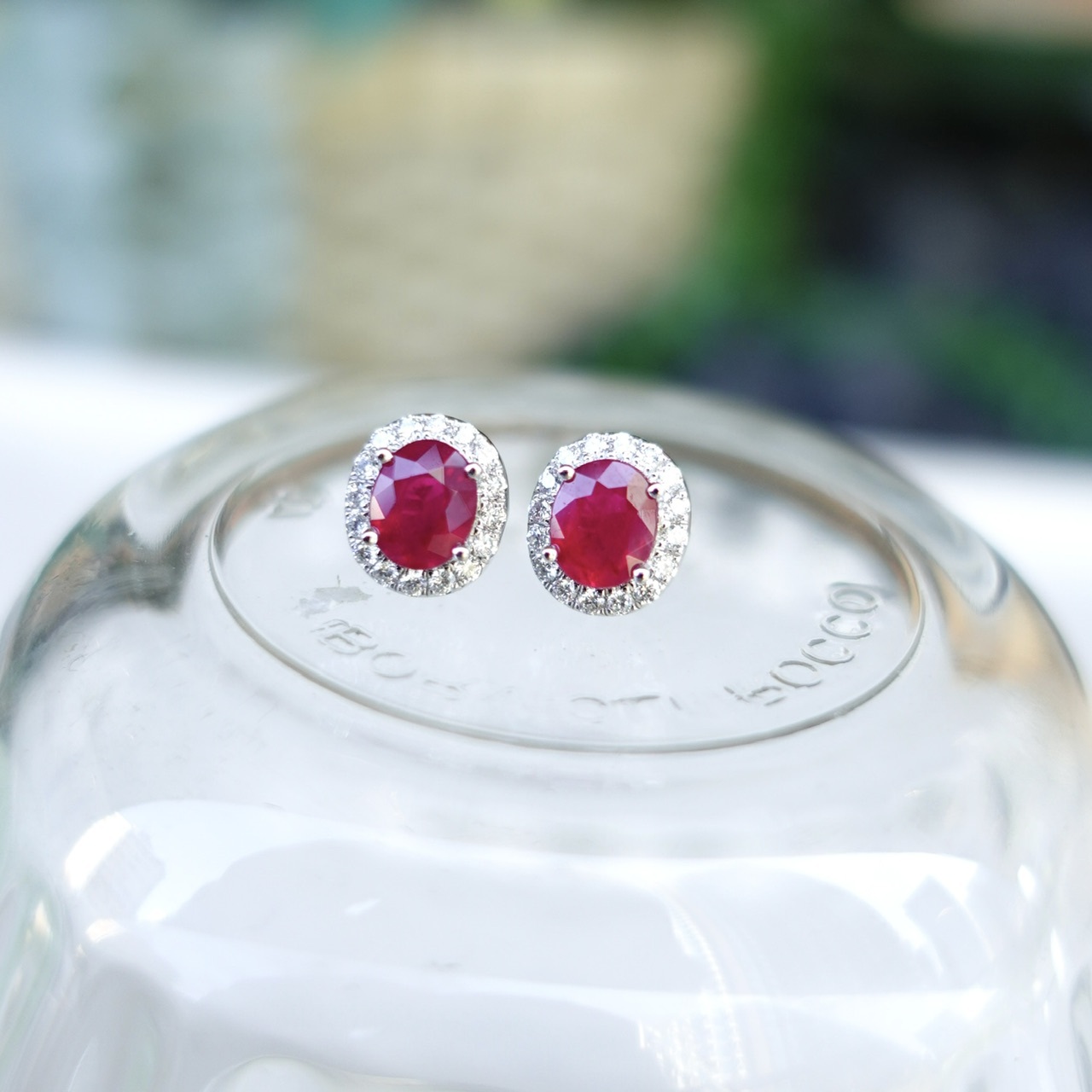 18K Gold Natural Ruby Earrings with Diamonds setting - Oval cut