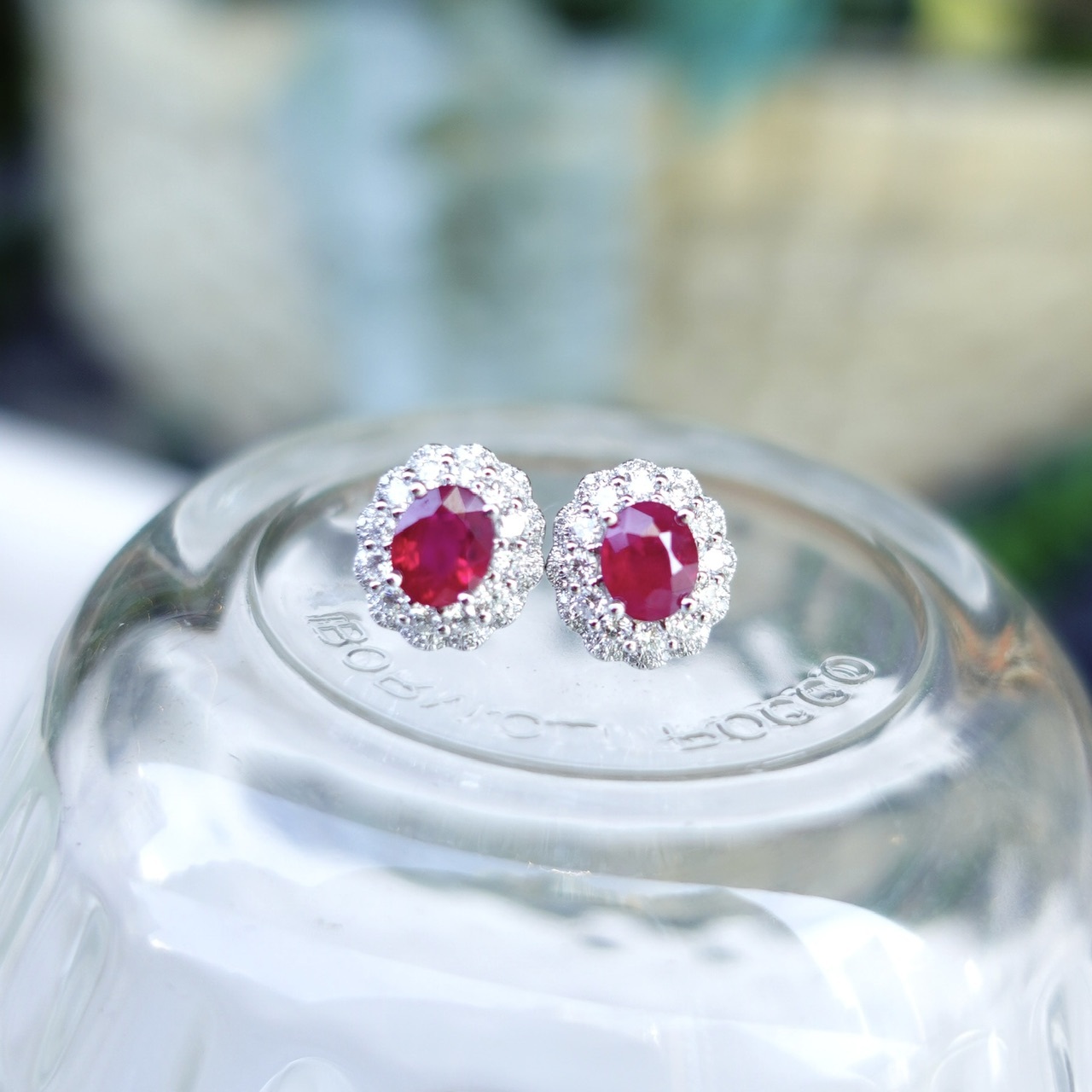 18K Gold Natural Ruby Earrings with Diamonds setting - Oval cut