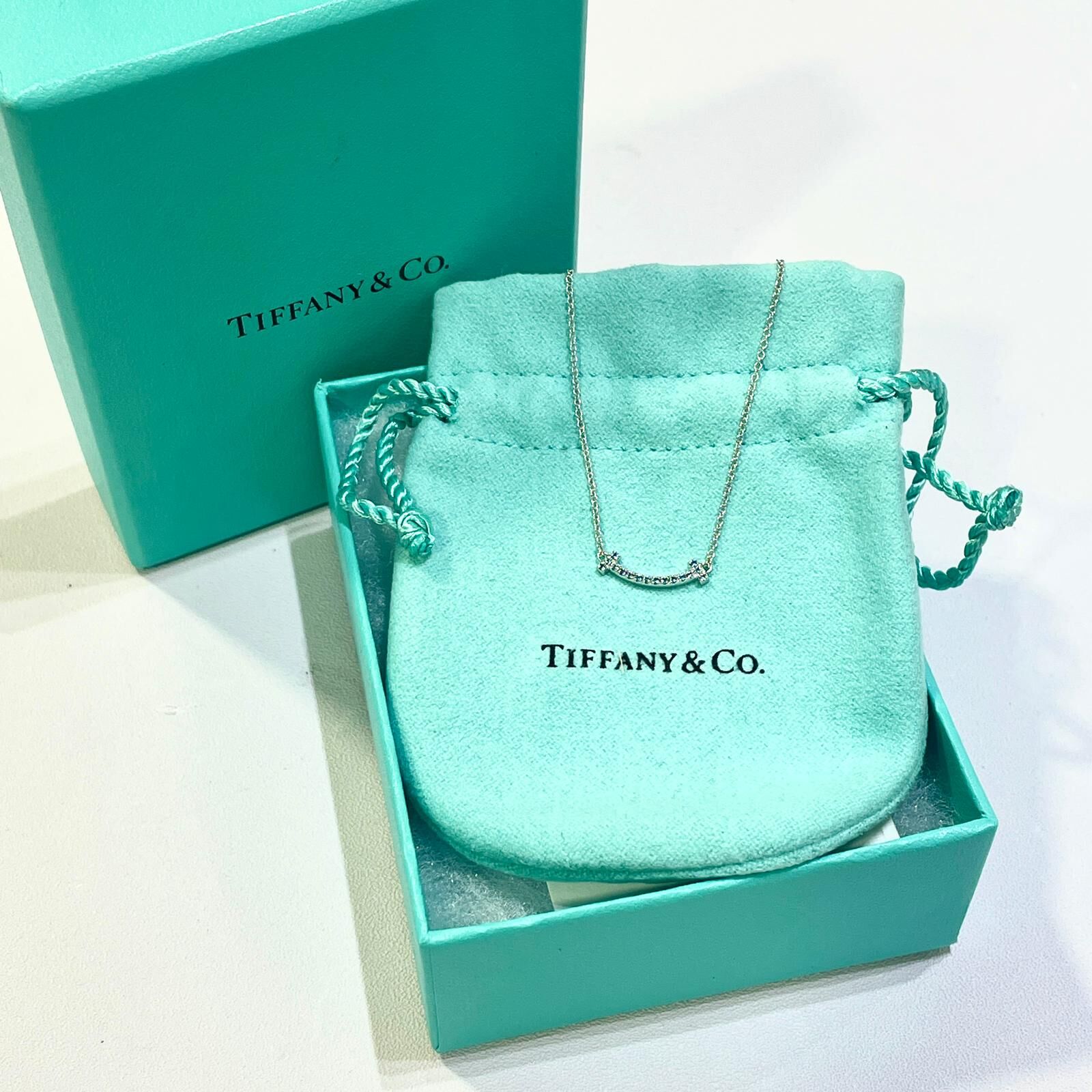 限定款！DISPLAY ~TIFFANY SMILEY NECKLACE  T字笑臉白金藍鑽  蒂芙妮項鏈 #BRAND NEW #香榭站正品