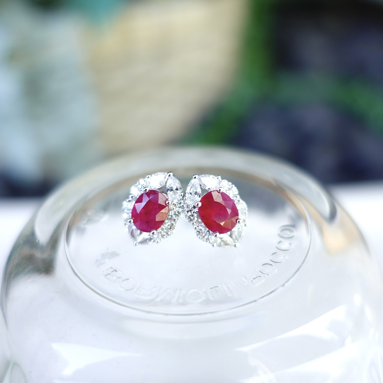 18K Gold Natural Ruby Earrings with Diamonds setting - Oval cut
