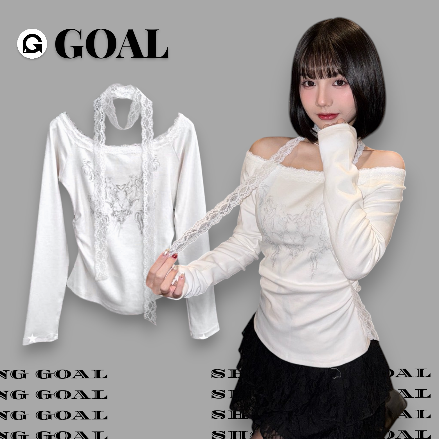 (GOAL) 純慾風蕾絲拼接一字領上衣 502915