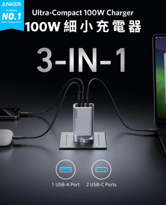 Anker Prime 100W 3 Ports Gan Charger - A2688241 (原裝行貨)