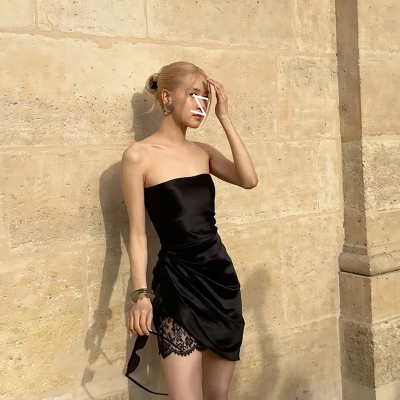 ROSE同款 蕾絲拼接平口緞面洋裝