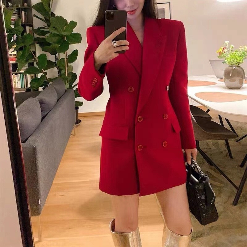 質感俐落 紅色長版西裝外套