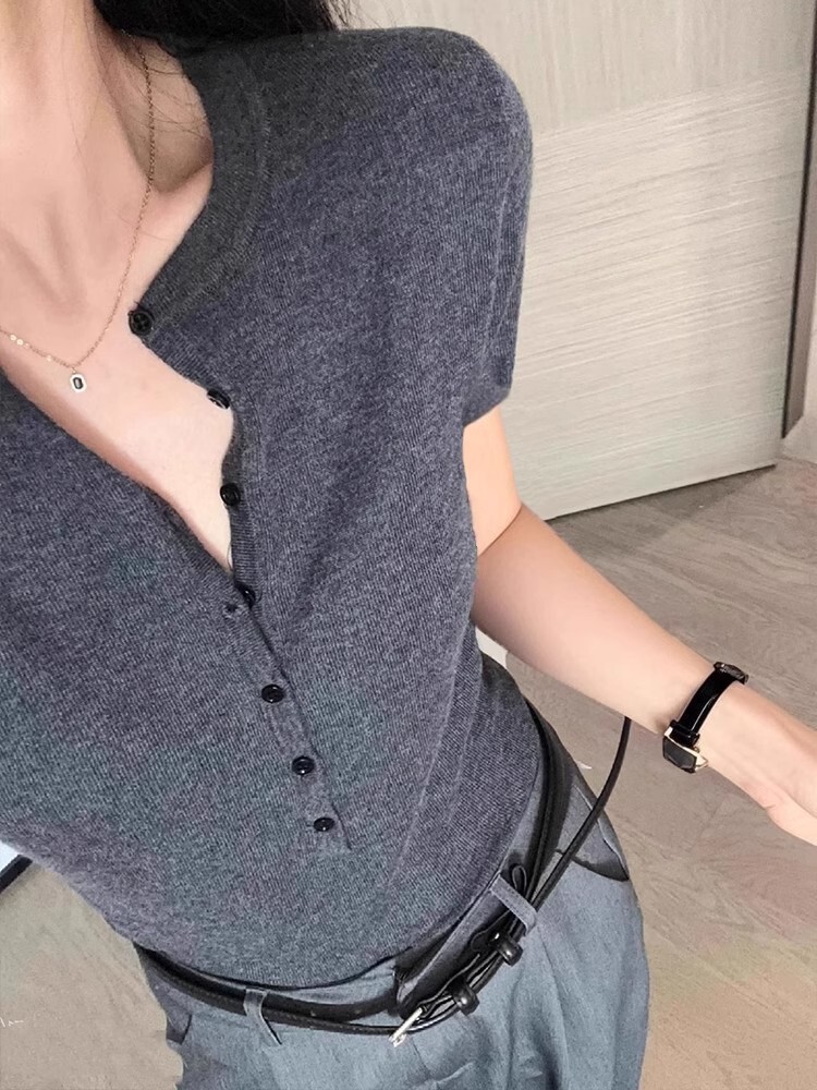 老錢風 短袖針織和肩上衣(駝/黑/白)