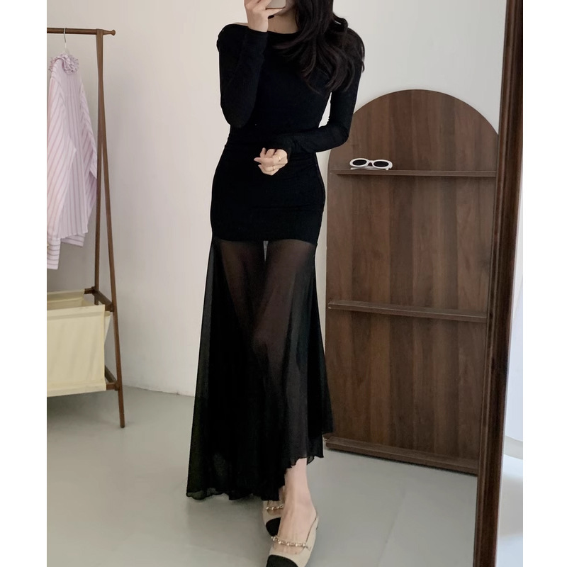 透視裙擺 棉質彈性休閒洋裝(黑/奶茶)