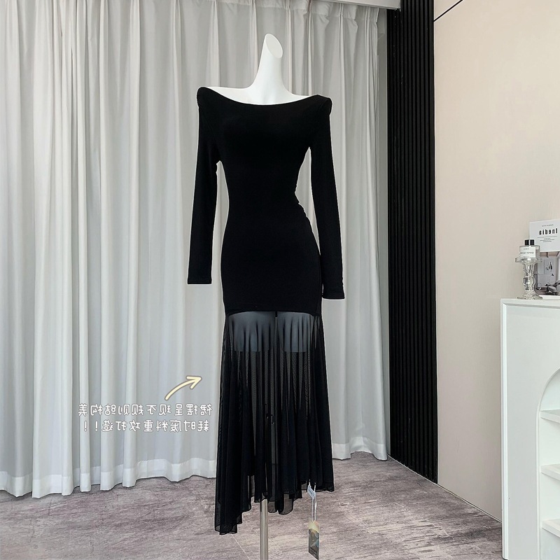 透視裙擺 棉質彈性休閒洋裝(黑/奶茶)