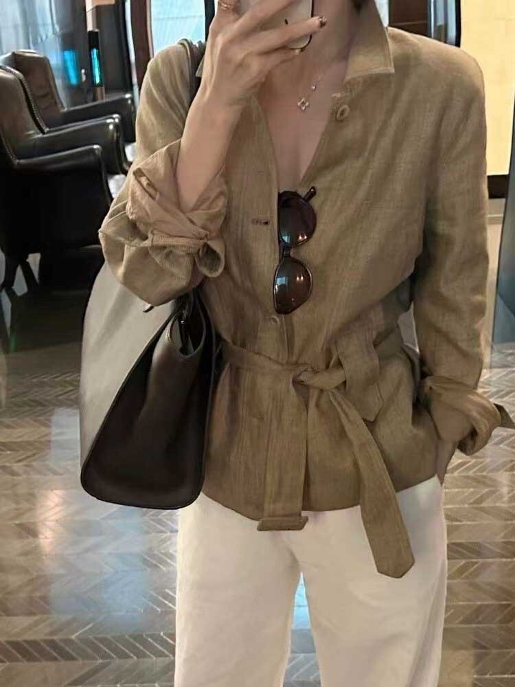 綁帶收腰 亞麻款版襯衫