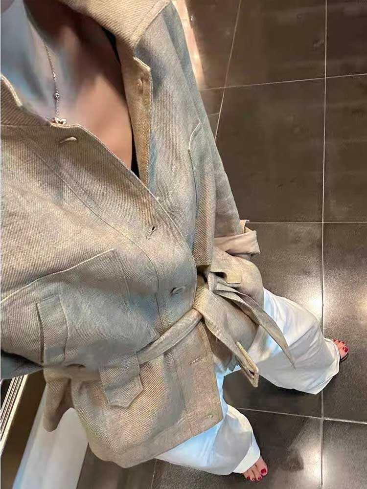 綁帶收腰 亞麻款版襯衫