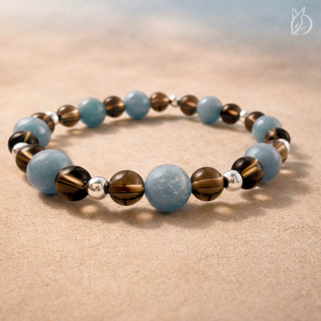 「引韁・丑牛」結合茶晶的落地能量與天使石的溫柔舒緩。