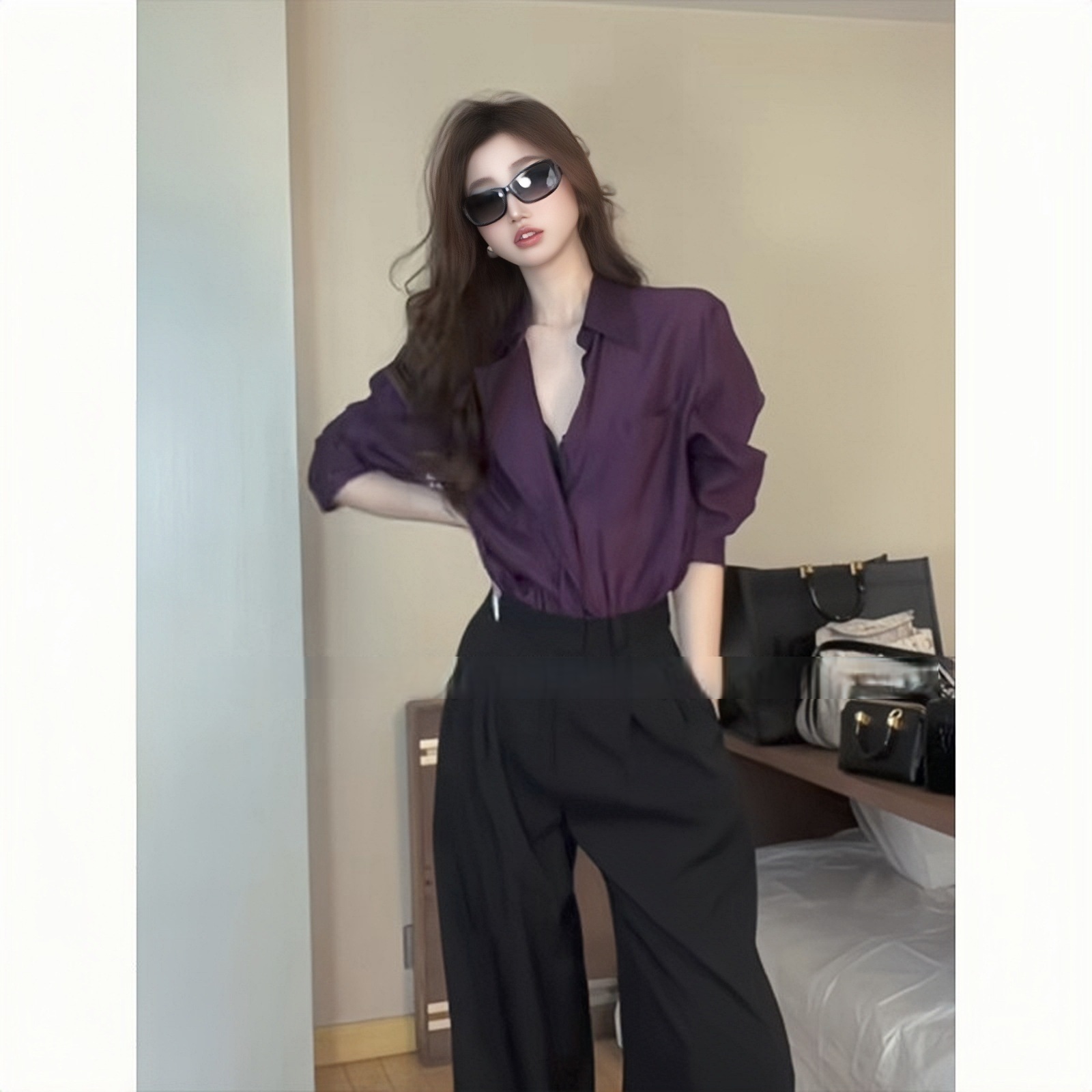 高雅紫 俐落絲綢襯衫