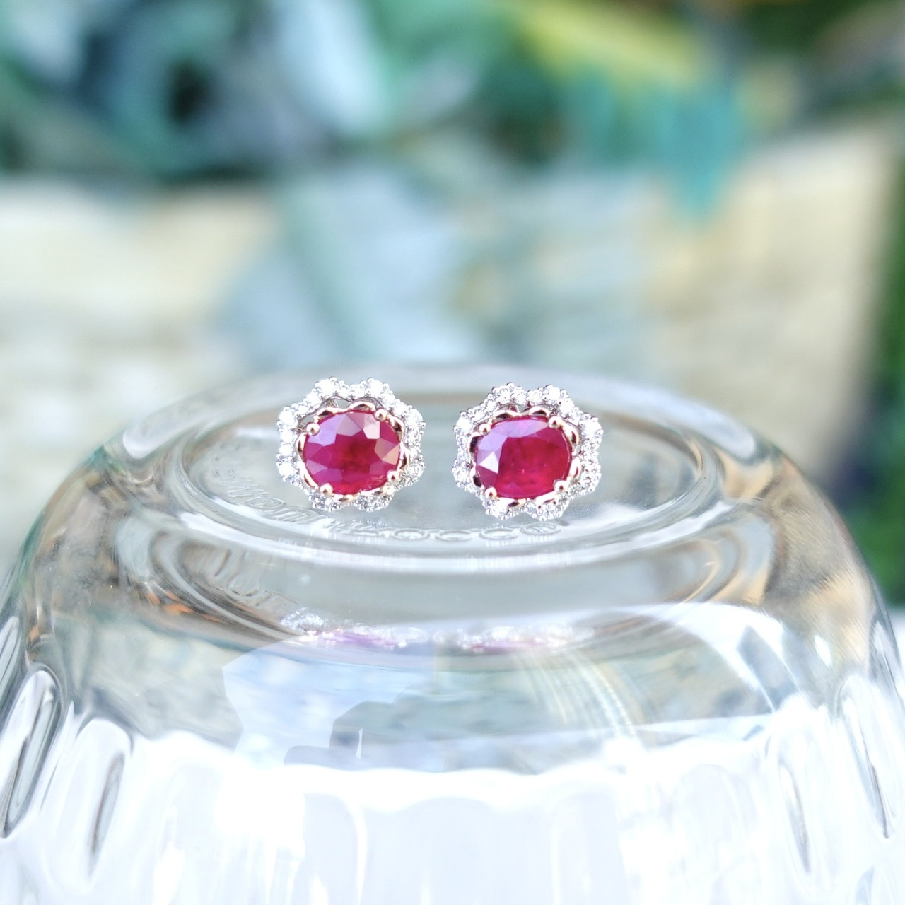 18K Gold Natural Ruby Earrings with Diamonds setting - Oval cut
