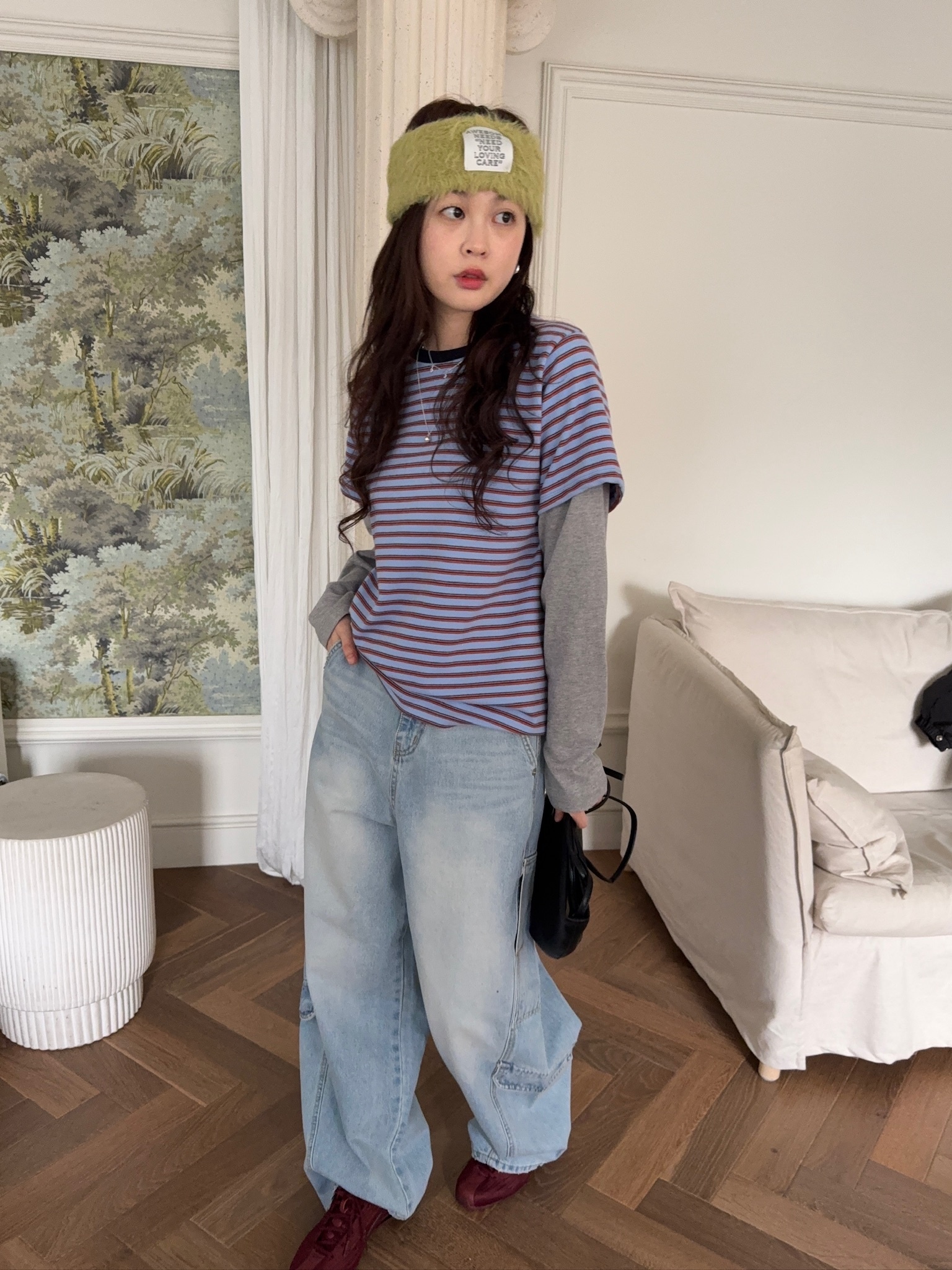 J32/ 條紋假兩件磨毛長袖上衣