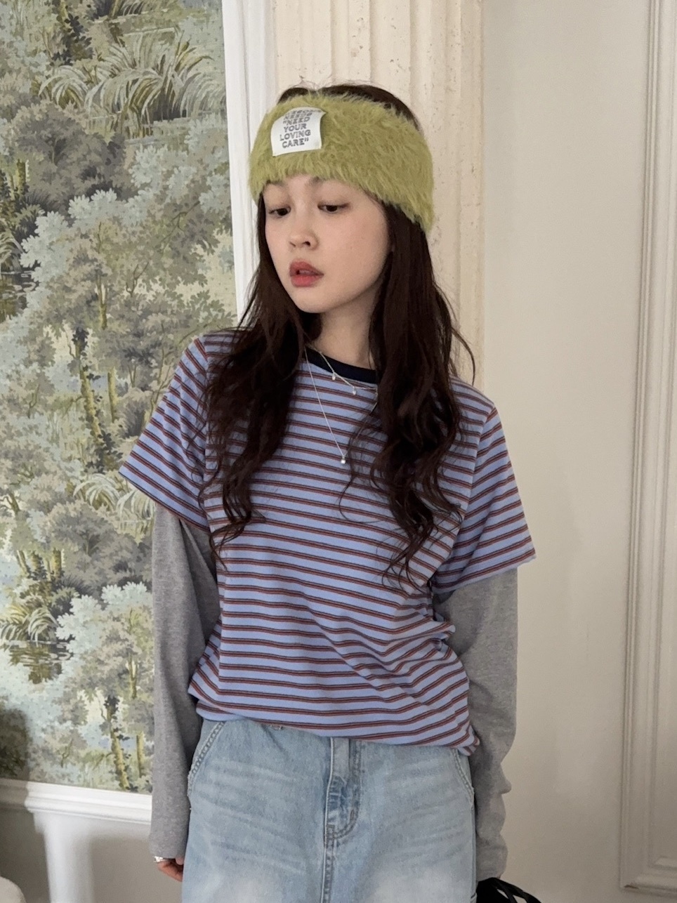 J32/ 條紋假兩件磨毛長袖上衣