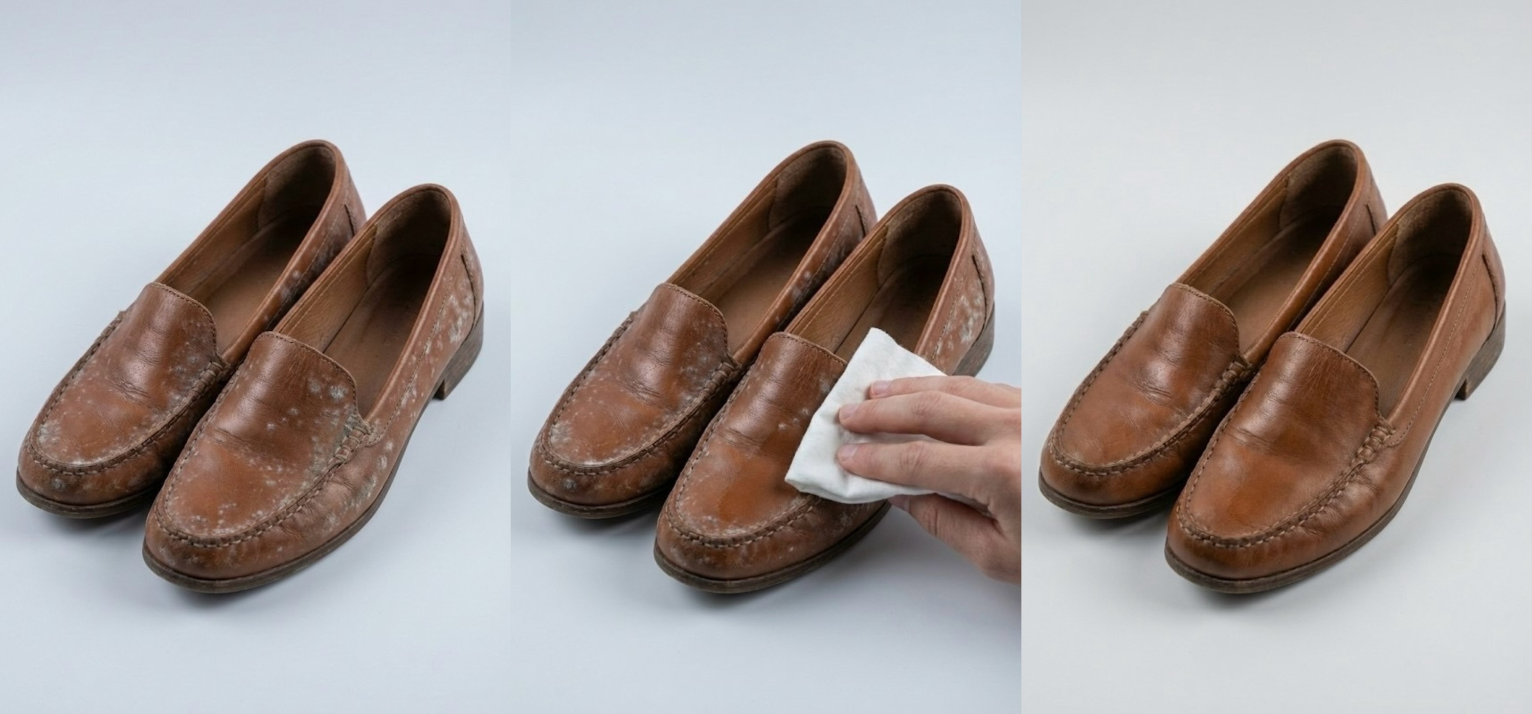 Sanly Joy 真皮鞋除霉教學步驟，示範如何使用乾布擦拭與上油保養解決皮鞋發霉問題，強調不可水洗與曝曬的正確觀念，延長真皮女鞋在台灣潮濕氣候下的使用壽命。