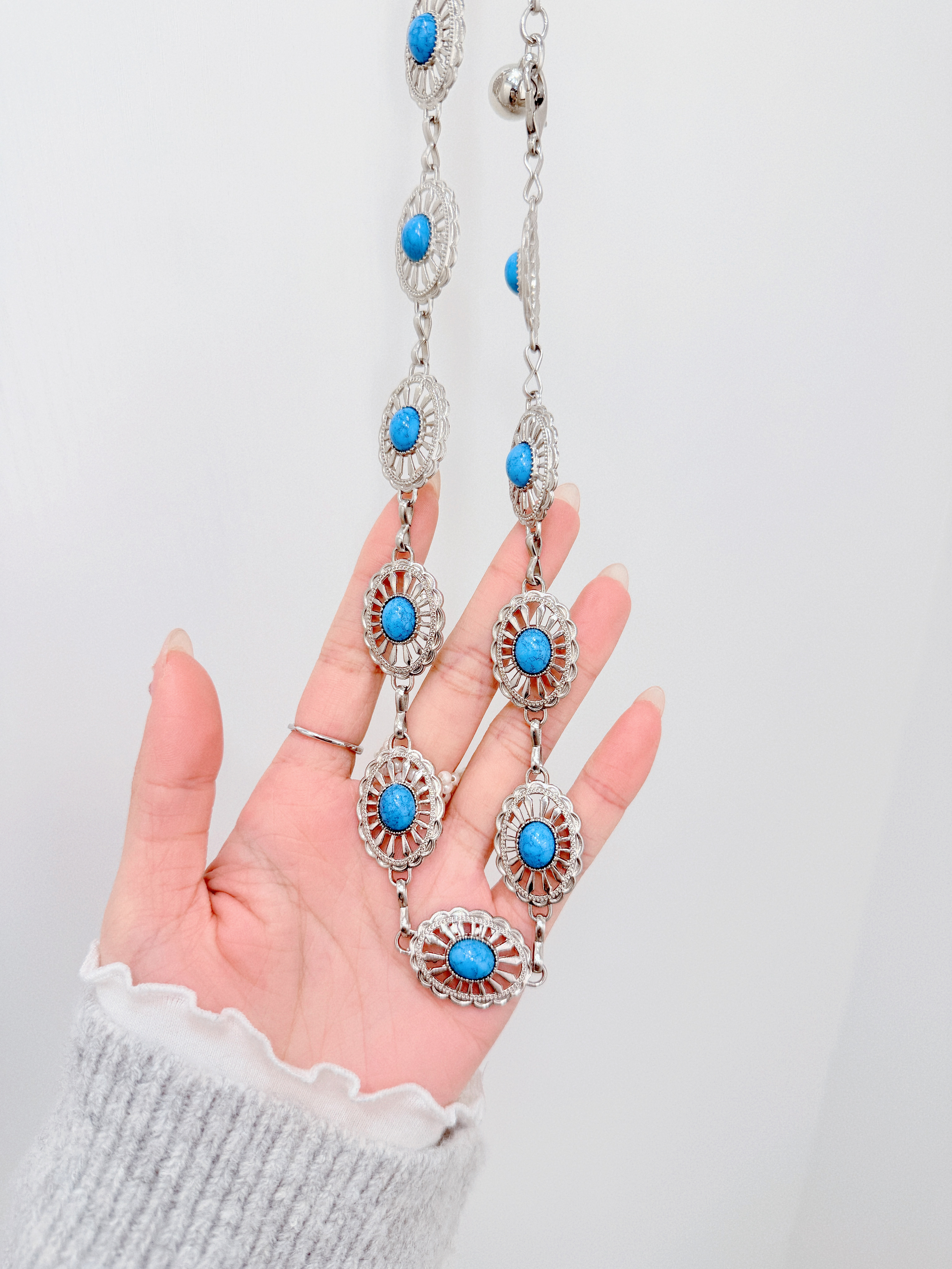 A0163｜復古花邊藍石章紋腰鏈