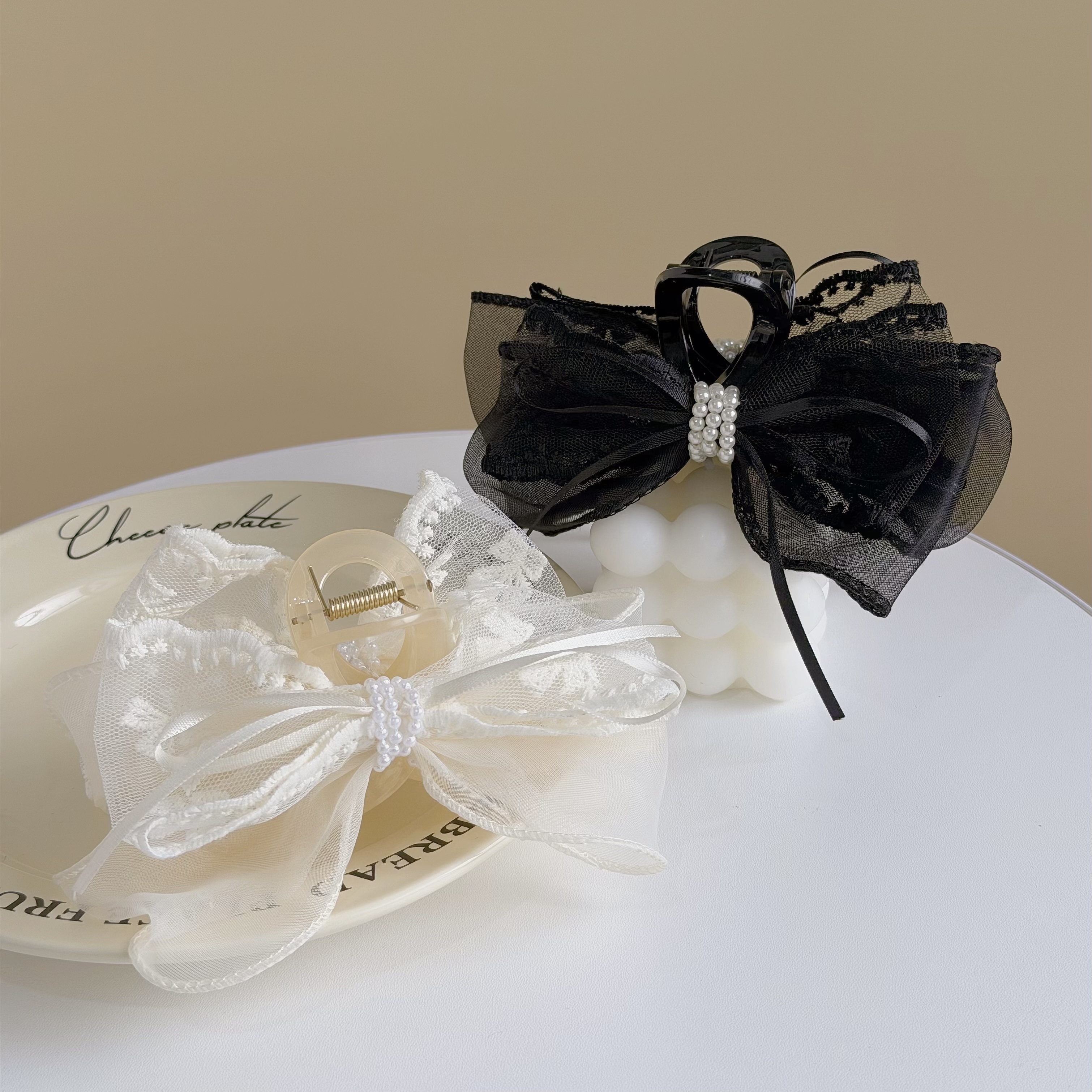 F209網紗蕾絲蝴蝶結珍珠鯊魚夾