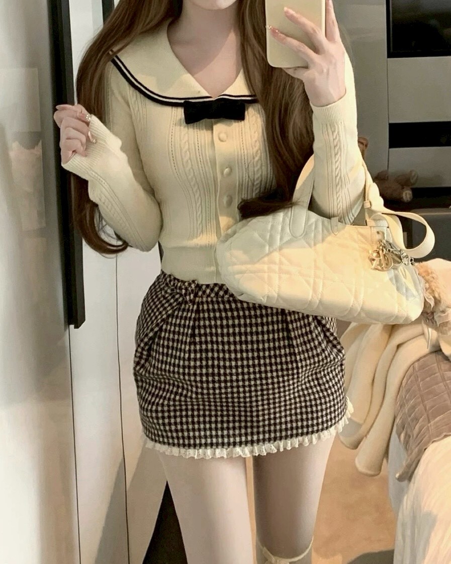 設計師家海軍領撞色蝴蝶結針織上衣+千鳥格紋短裙