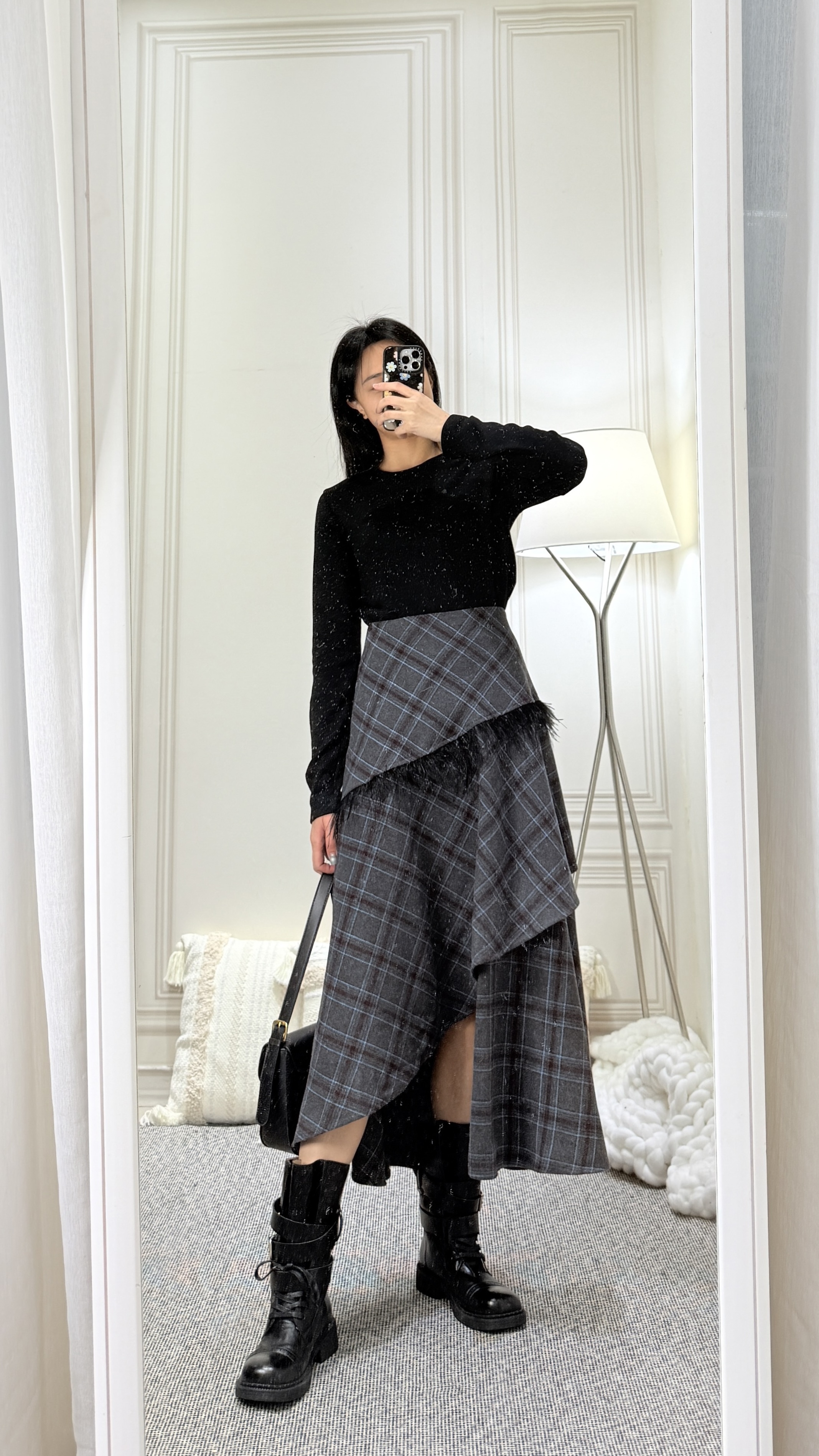 格紋開衩傘狀長裙