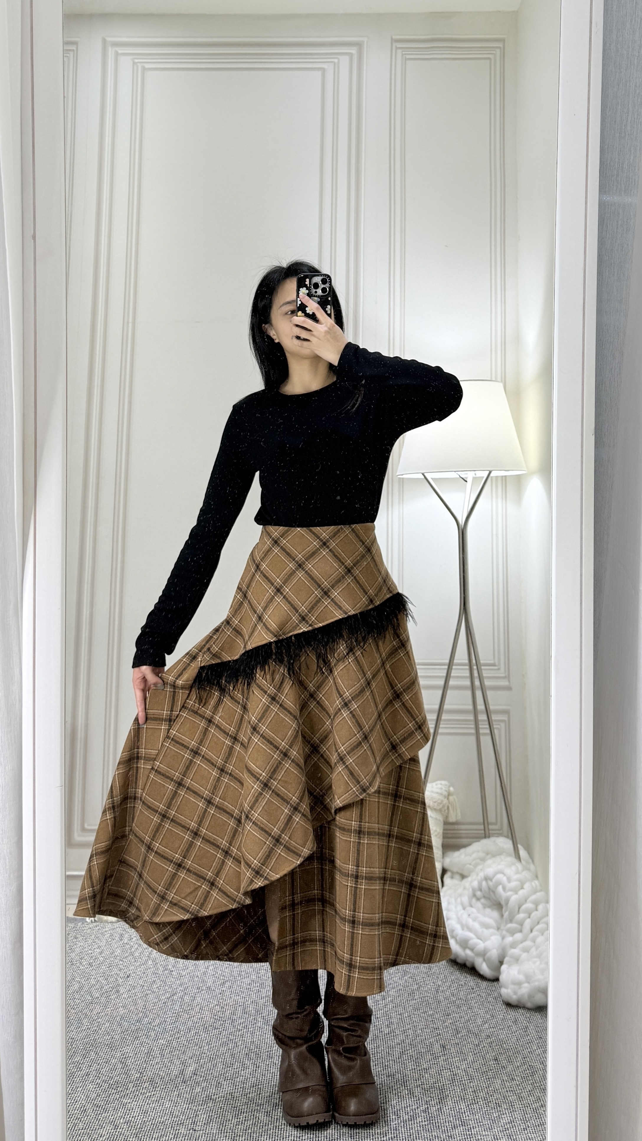 格紋開衩傘狀長裙