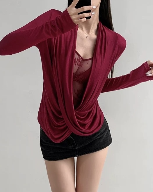 棉質拼接蕾絲領垂墜上衣