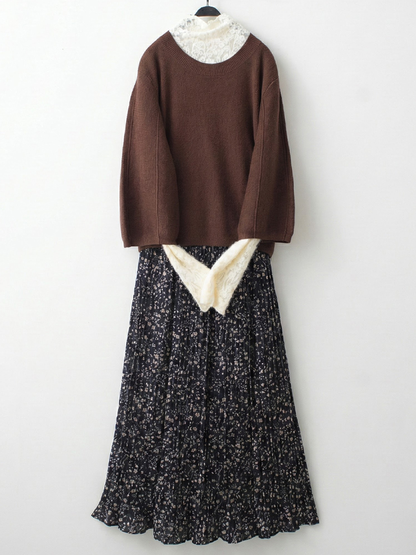 七分袖長版毛衣半高領蕾絲內搭細褶裙組合